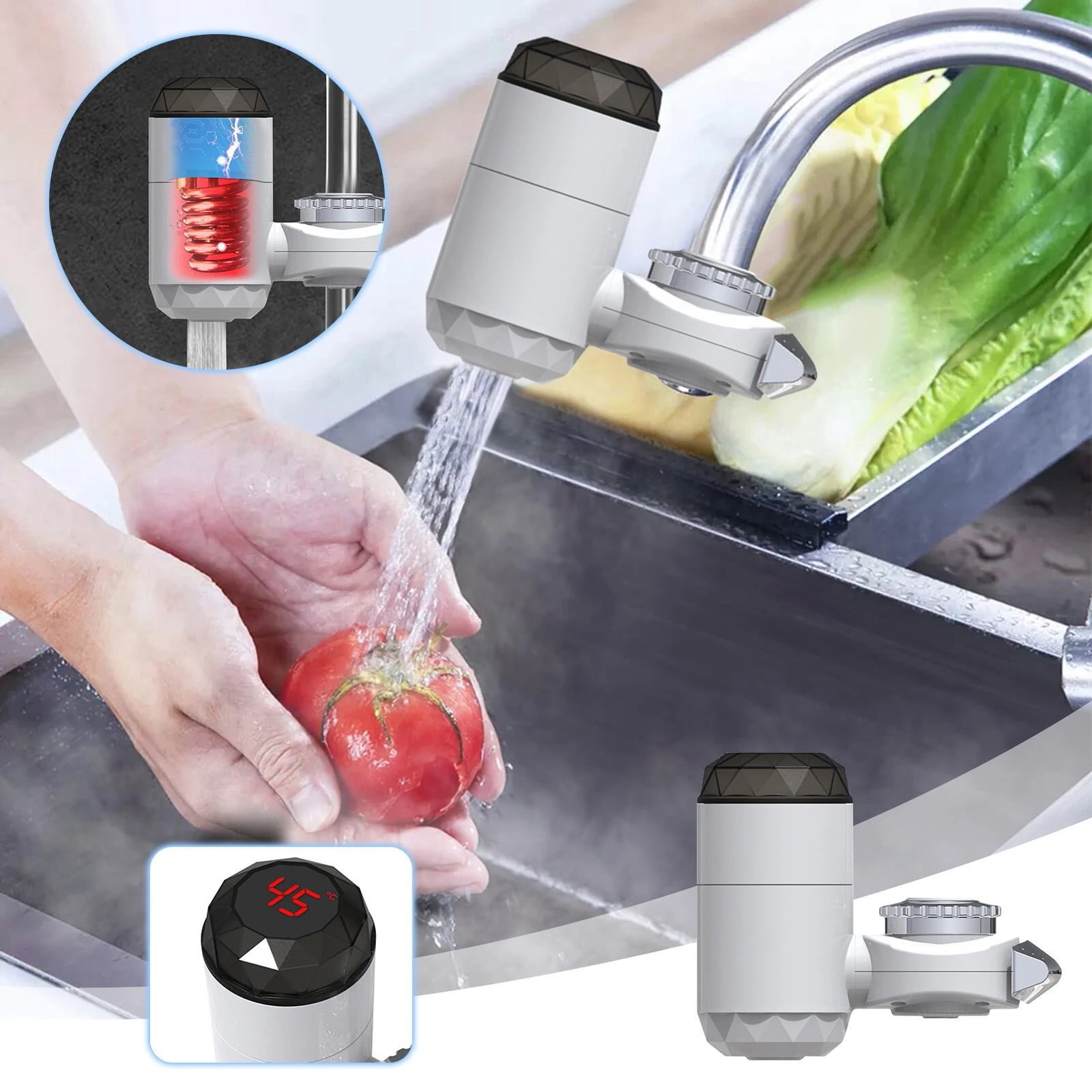 (image for) 3000W Instant Tankless Electric Water Heater Faucet with LED Display Easy Installation IPX4 Waterproof for Kitchen Bathroom